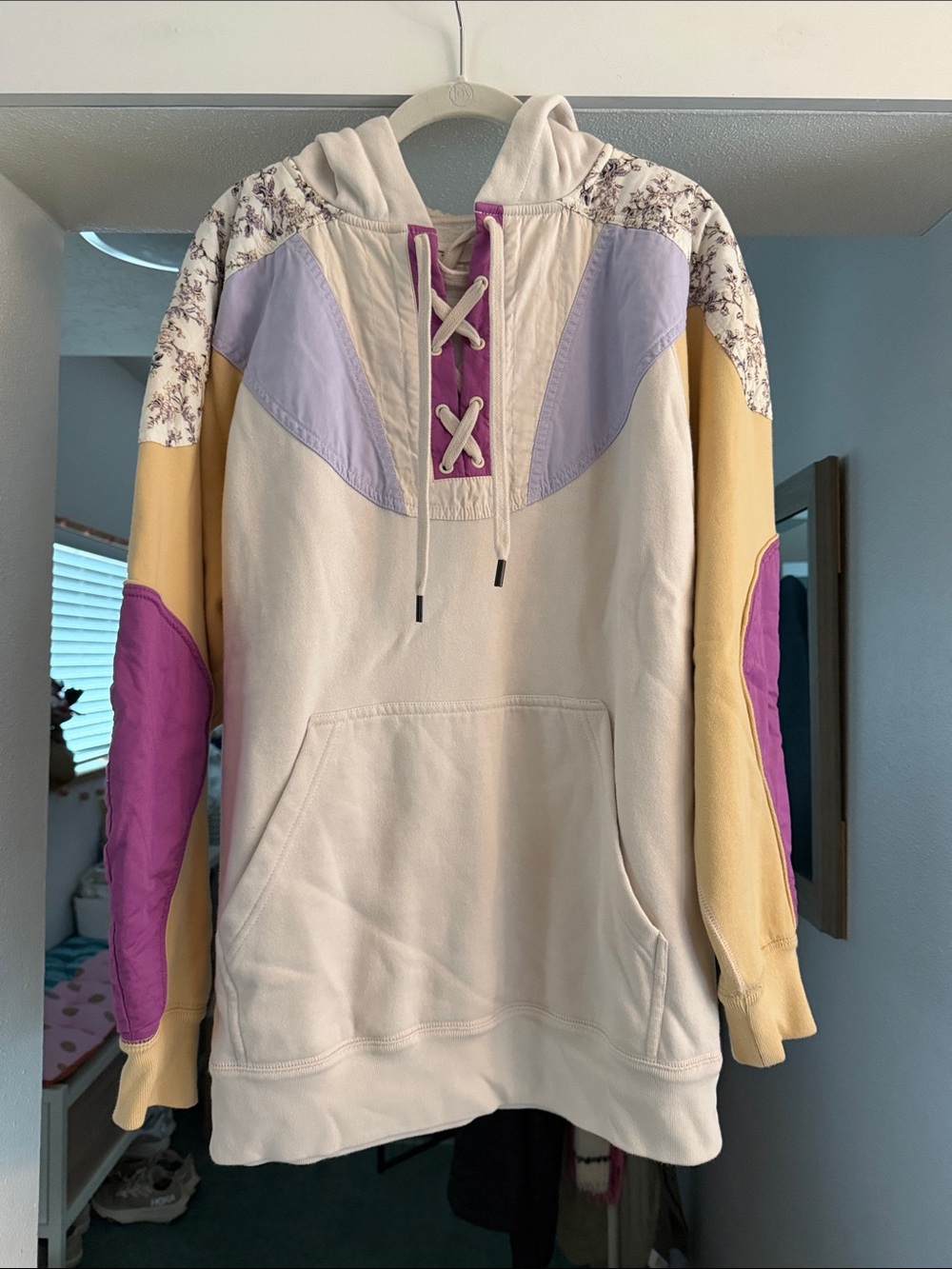 Isabel Marant Women’s Cream Lace-Up Hoodie with Pastel Colorblock Panels